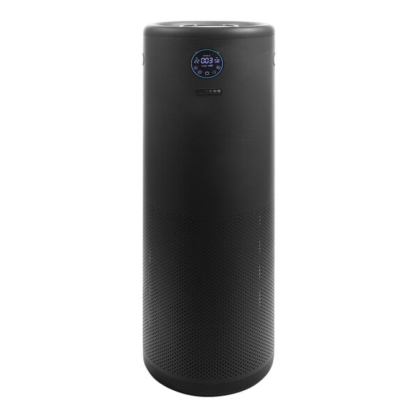 A black Ideal Warehouse stand-alone air purifier with a white cap and a blue circle.