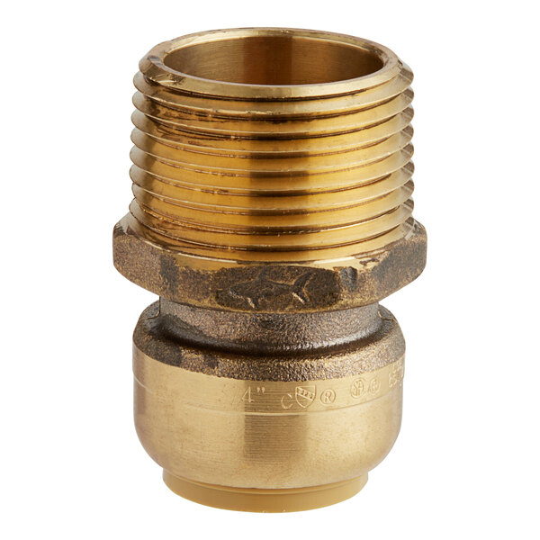 A close-up of a SharkBite brass PVC male adapter.