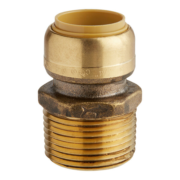 A SharkBite brass push-to-connect PVC male adapter for 3/4" PVC with brass threads.