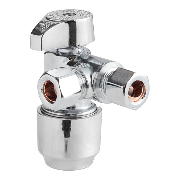 A SharkBite brass dual outlet angle stop with a chrome finish.