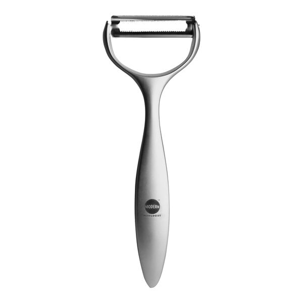 A silver citrus peeler with a white handle.