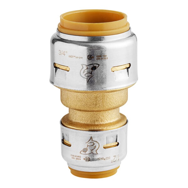 A SharkBite brass push-to-connect reducing coupling with gold and silver threaded connectors and a yellow cap.