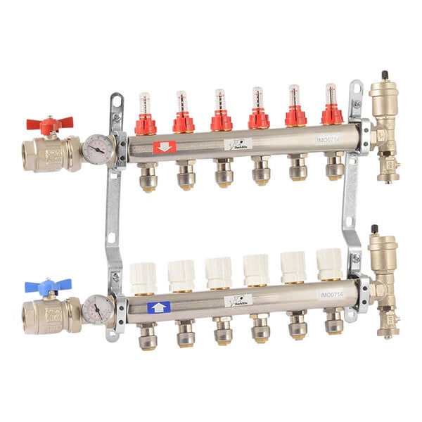 A SharkBite stainless steel radiant heating manifold with loop ports and valves.