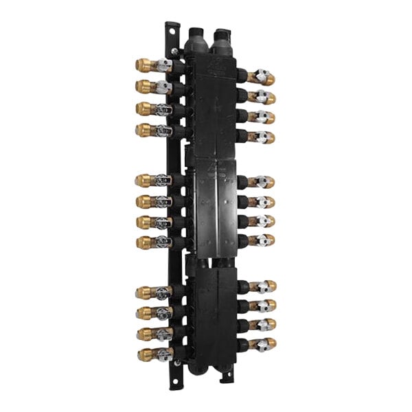 A black and gold metal SharkBite manifold with 24 ports.