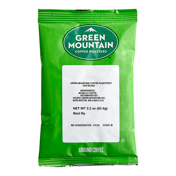 A green bag of Green Mountain Coffee Roasters Our Blend ground coffee with a white label.