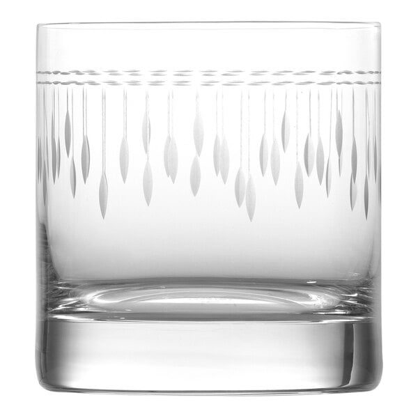 A close up of a Schott Zwiesel double old fashioned glass with a design on it.