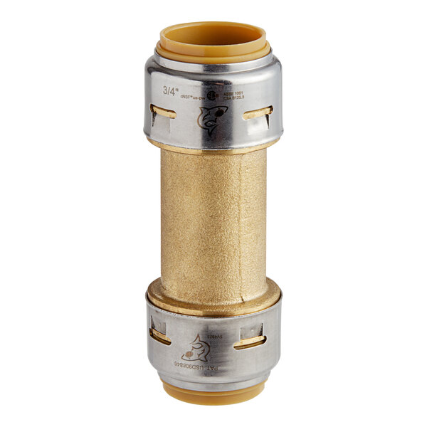 A SharkBite brass pipe fitting with a gold and silver finish.