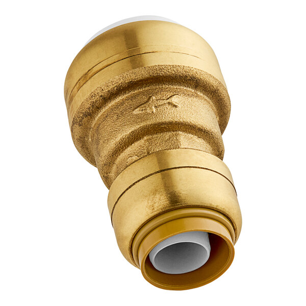A brass SharkBite PVC transition coupling with white components.