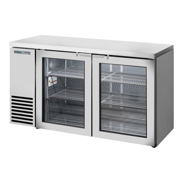 A True stainless steel back bar refrigerator with two glass doors.