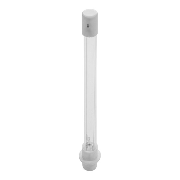 A clear cylindrical tube with a white cap containing a white tube with a black text.