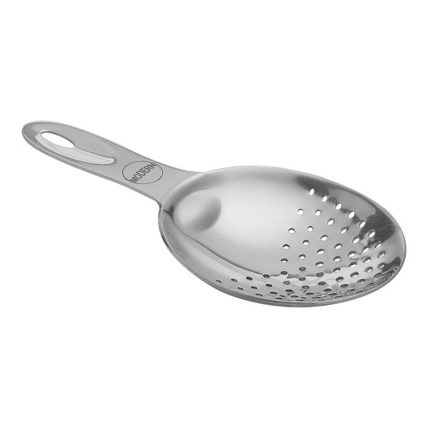 A Modern Mixologist stainless steel cocktail strainer with holes.