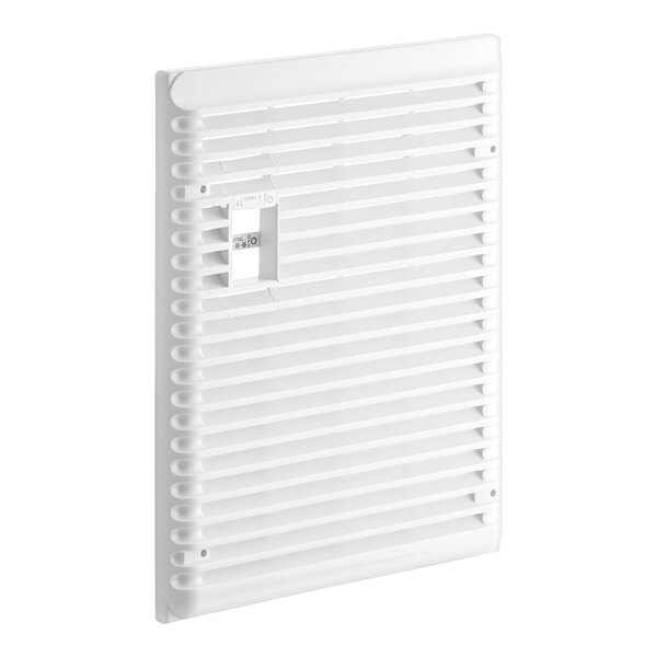 A white rectangular plastic panel with two holes and a vent.