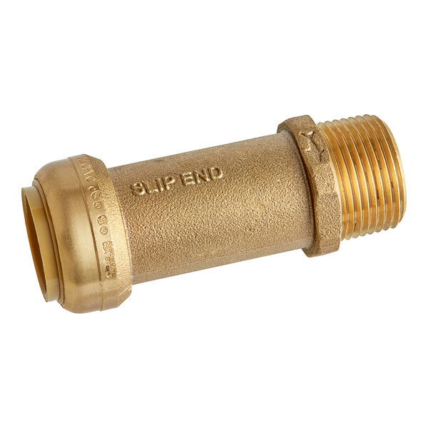 A close-up of a SharkBite brass pipe fitting.