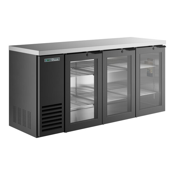 A black refrigerated back bar refrigerator with glass doors and a stainless steel top.