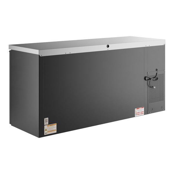 A black metal rectangular True back bar refrigerator with a white border.