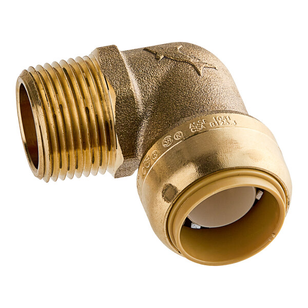 A SharkBite brass push-to-connect MNPT adapter elbow with a gold finish.