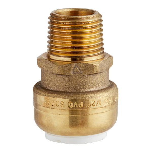 A SharkBite brass PVC male adapter with a gold metal threaded fitting.