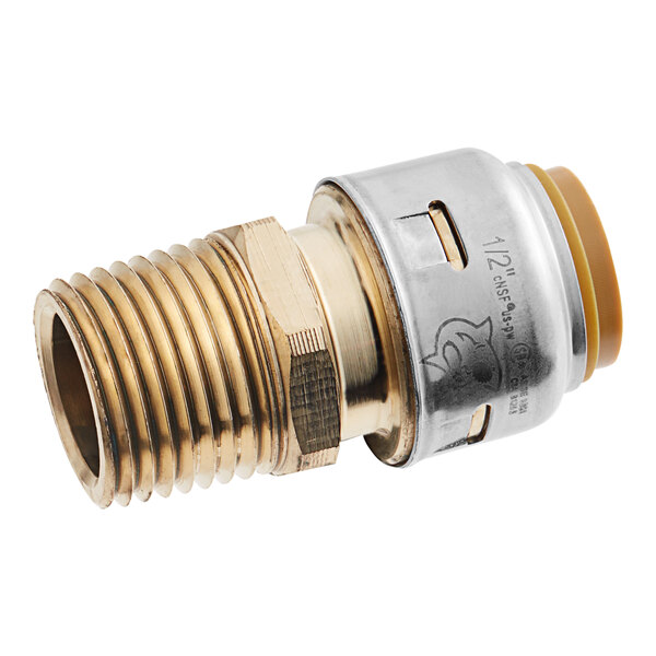 A SharkBite brass threaded connector for pipes with a brass and silver screw.