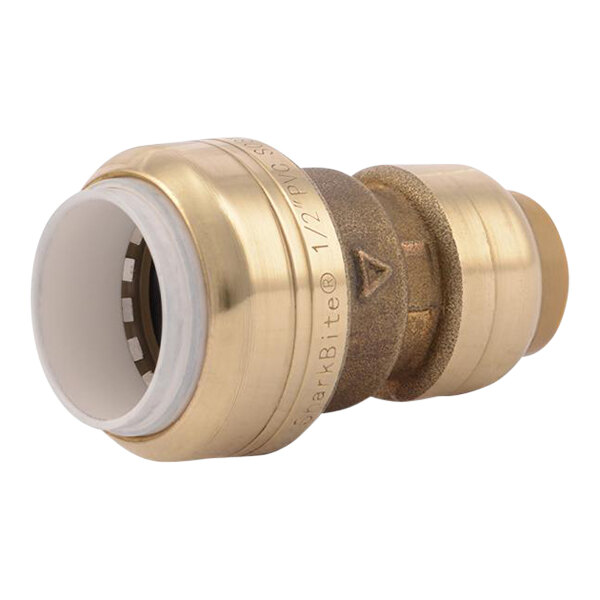 A close-up of a SharkBite brass push-to-connect PVC transition coupling.