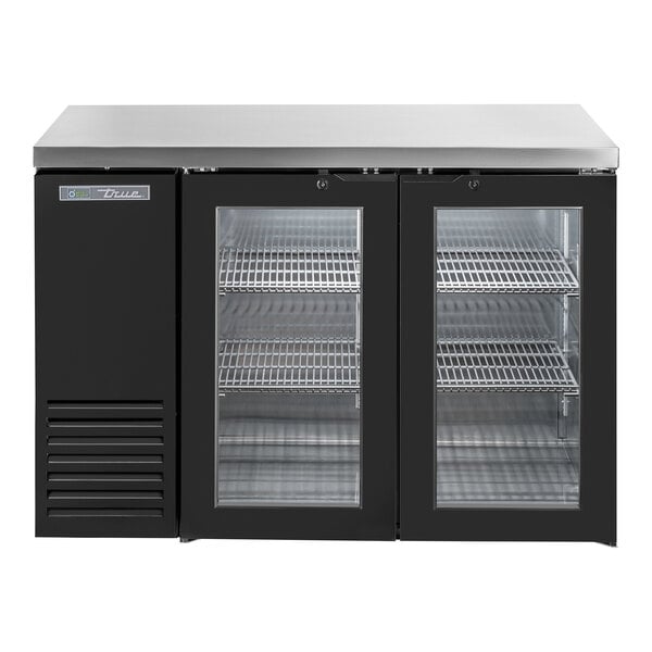 A black True back bar refrigerator with two glass doors and a stainless steel top.