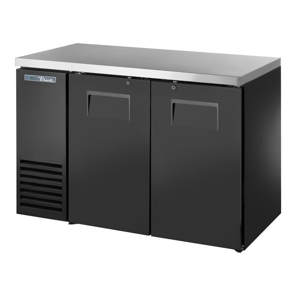 A black True back bar refrigerator with two solid doors open.