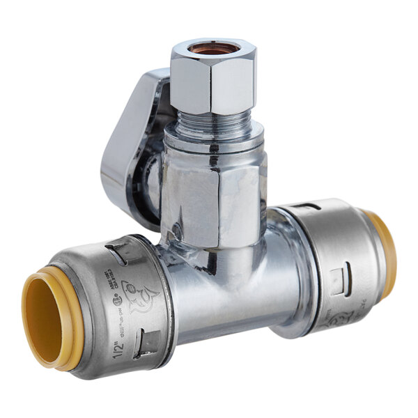 A SharkBite brass push-to-connect service stop with yellow and silver accents.