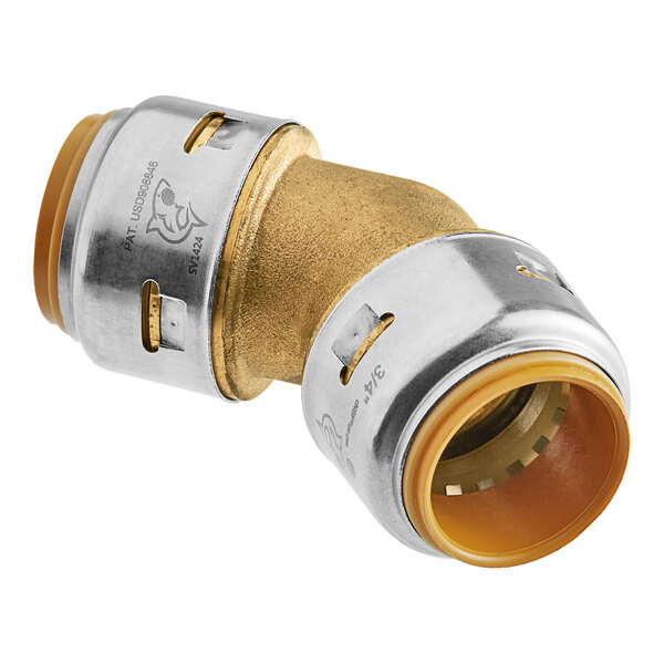 A close-up of a SharkBite brass 45 degree elbow pipe fitting.