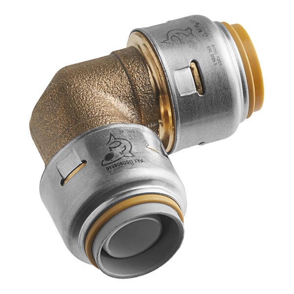 A SharkBite brass 90 degree elbow fitting with threaded ends.