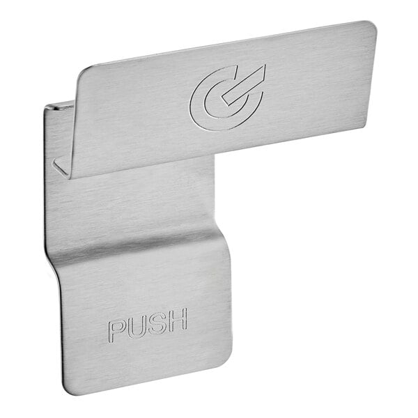 A stainless steel Grindmaster Cecilware dispense valve handle with the word push on it.