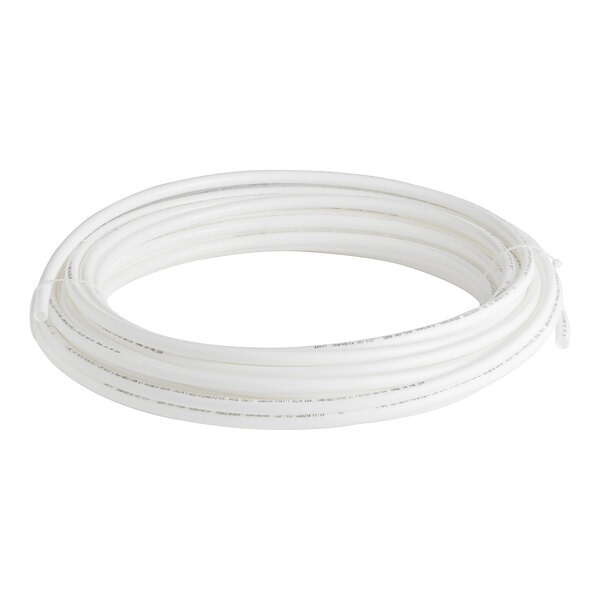 A roll of white plastic pipes labeled "SharkBite U860W100 1/2" x 100' White PEX-B Tubing Coil"
