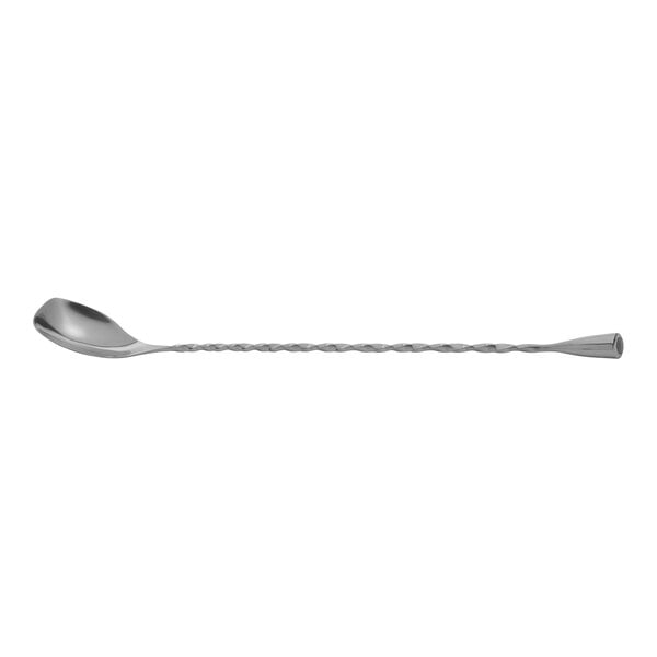 A silver Modern Mixologist bar spoon with a twisted handle.