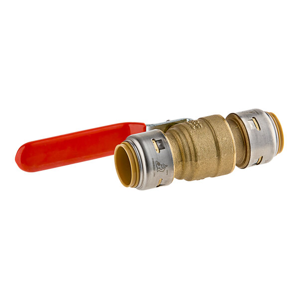 A SharkBite brass quarter-turn ball valve with a red handle.