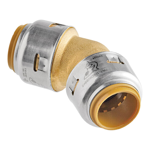 A SharkBite brass and yellow 45-degree pipe fitting.