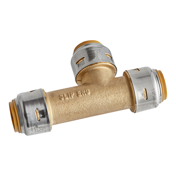 A SharkBite brass push-to-connect slip tee fitting for pipes.