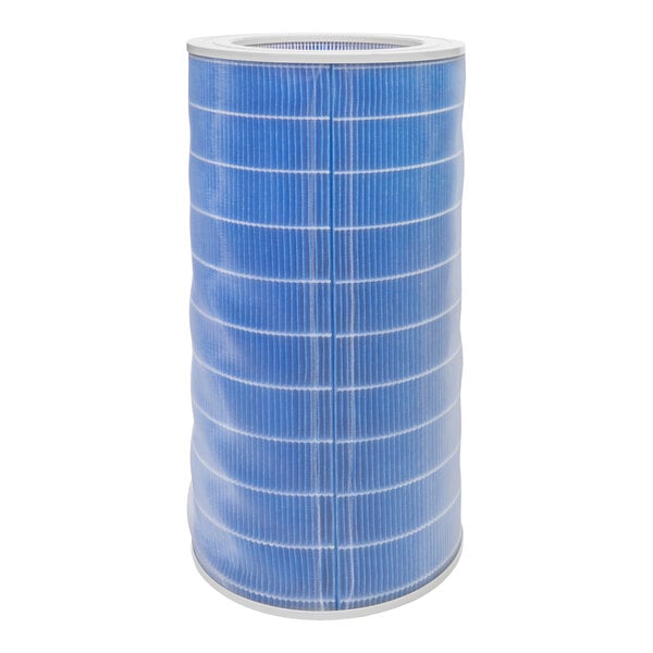 An Ideal Warehouse blue and white cylinder HEPA filter with a white stripe.