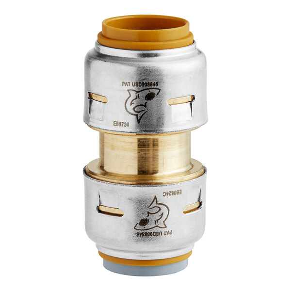 A close-up of a metal and brass SharkBite Max adapter with gold accents.