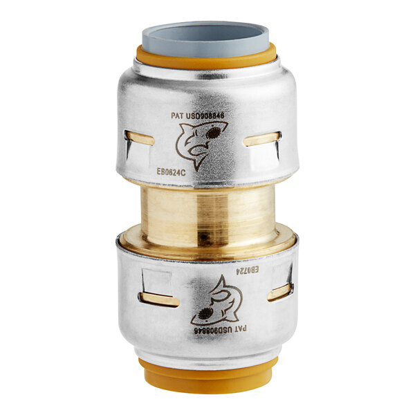 A close-up of a SharkBite brass and gold adapter with yellow accents.