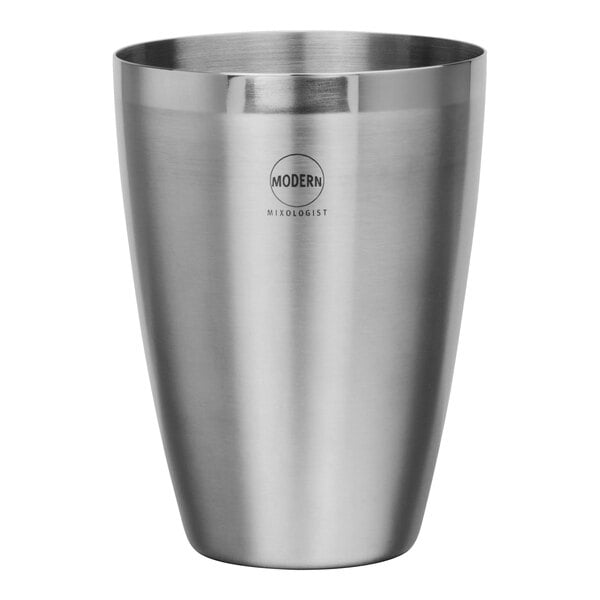 A silver metal Modern Mixologist bar shaker with a lid.