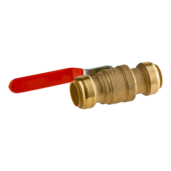 A brass SharkBite ball valve with a red handle.