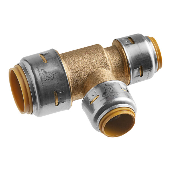 A SharkBite brass push-to-connect reducing tee fitting.