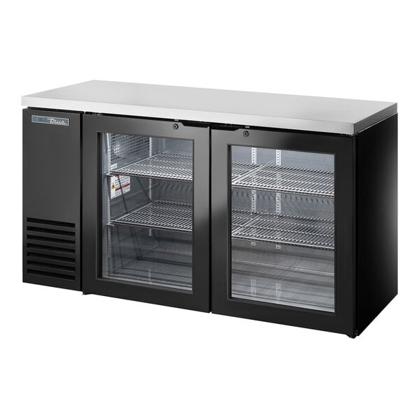 A black True back bar refrigerator with glass doors and a stainless steel top.