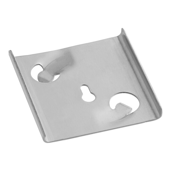 A stainless steel metal plate with two holes.