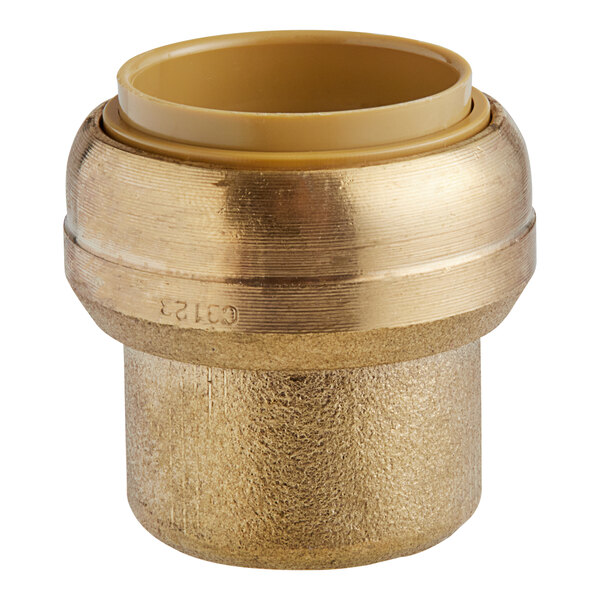 A brass SharkBite end cap with a white cover.