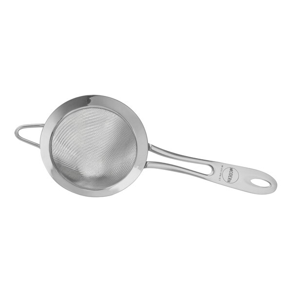 A Modern Mixologist stainless steel cone strainer with a handle.