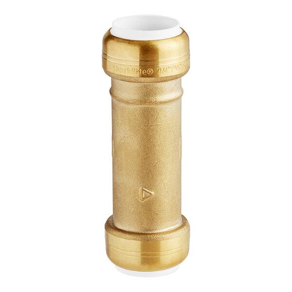 A SharkBite brass pipe fitting with white inner tube caps.