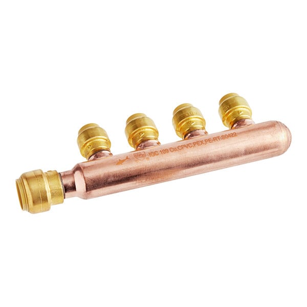 A copper pipe with a SharkBite brass push-to-connect tee and closed manifold.