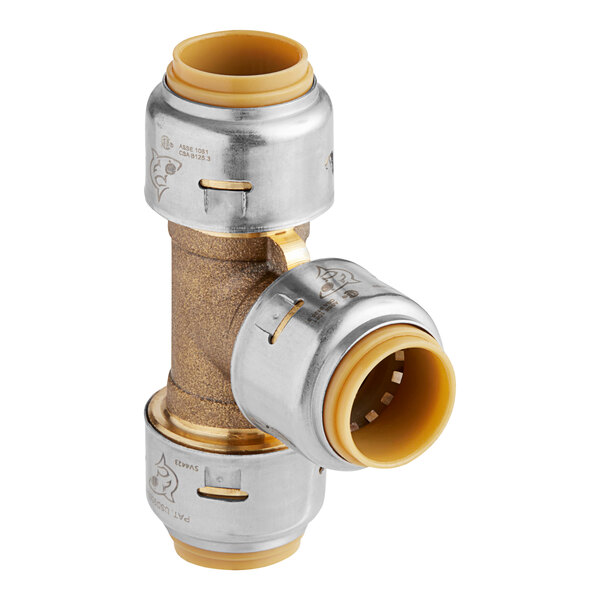 A close-up of a SharkBite brass threaded pipe tee.