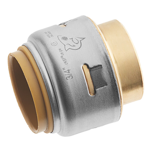 A SharkBite brass end cap with a hole in it.