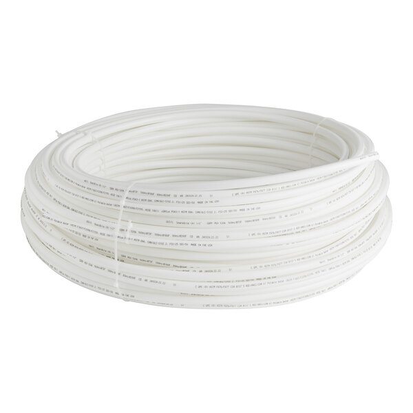 A close-up of a coil of SharkBite white PEX tubing.
