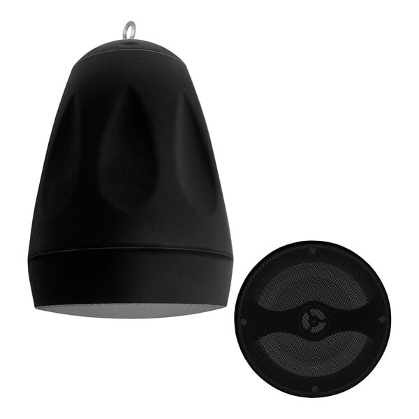 A black pendant-mount speaker with a round speaker and a transformer.